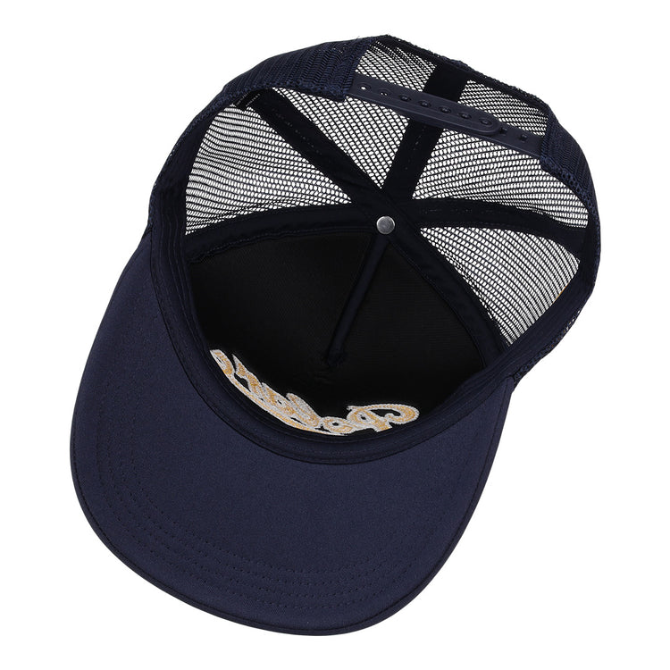 Navy blue mesh trucker cap (Cerveceria Polar EFF DNA Trucker by EFF) shown from above, revealing a structured brim, mesh panels, and partial yellow embroidery—vintage-inspired for the Cuban Amateur League.