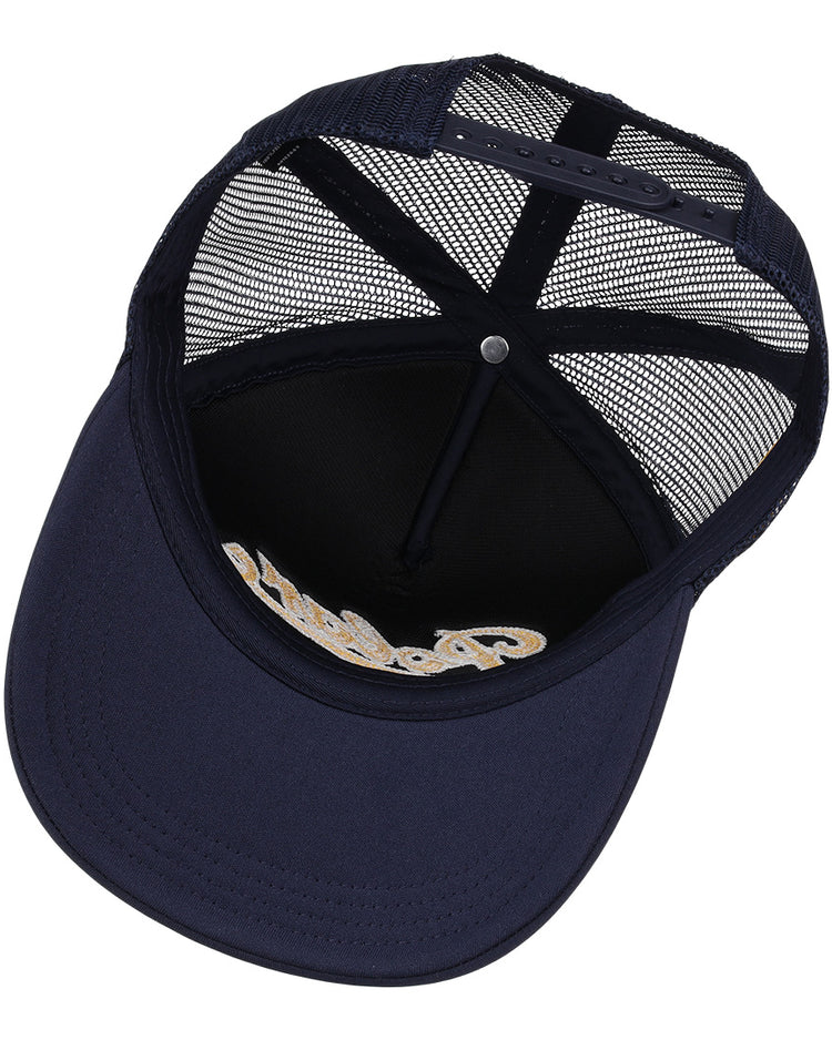 Navy blue mesh trucker cap (Cerveceria Polar EFF DNA Trucker by EFF) shown from above, revealing a structured brim, mesh panels, and partial yellow embroidery—vintage-inspired for the Cuban Amateur League.