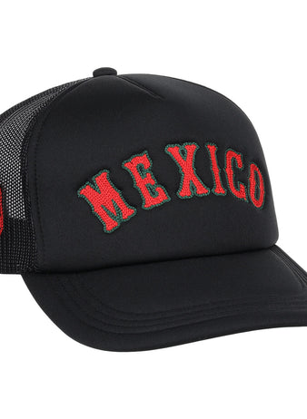 The EFF Mexico Diablos EFF DNA Trucker is a vintage-inspired hat with MEXICO embroidered in red and green on the front and a small red devil face on the side, channeling classic Mexican League and Ebbets Field Flannels vibes.