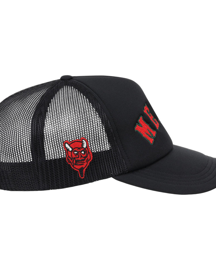 The Mexico Diablos EFF DNA Trucker by EFF is a vintage-inspired black mesh hat with “M.C.” embroidered in red on the side and a small red cartoon devil face patch on the mesh panel.