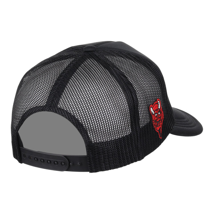 The Mexico Diablos EFF DNA Trucker by EFF is a black mesh vintage-inspired hat with an adjustable snapback and a small red and white cartoon devil face patch on the side, crafted in collaboration with Ebbets Field Flannels.