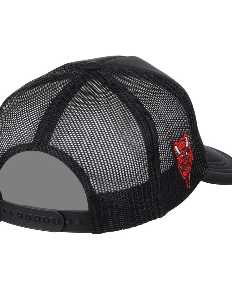 The Mexico Diablos EFF DNA Trucker by EFF is a black mesh vintage-inspired hat with an adjustable snapback and a small red and white cartoon devil face patch on the side, crafted in collaboration with Ebbets Field Flannels.