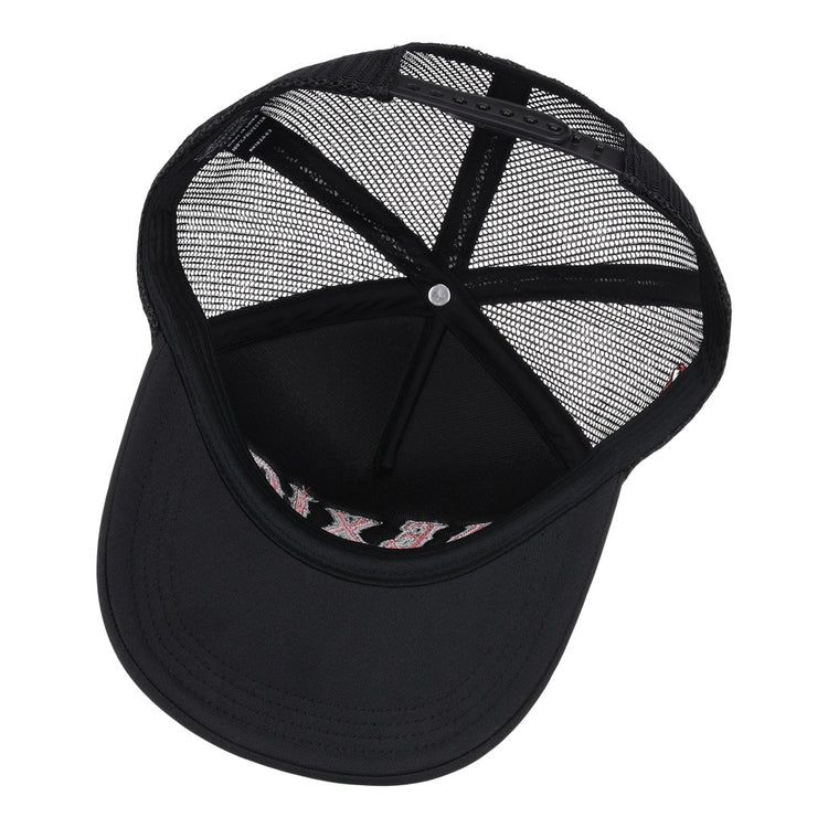 The Mexico Diablos EFF DNA Trucker hat by EFF features a curved bill, mesh back panels, an adjustable strap, and classic vintage-inspired style—shown from above to display the inside details.