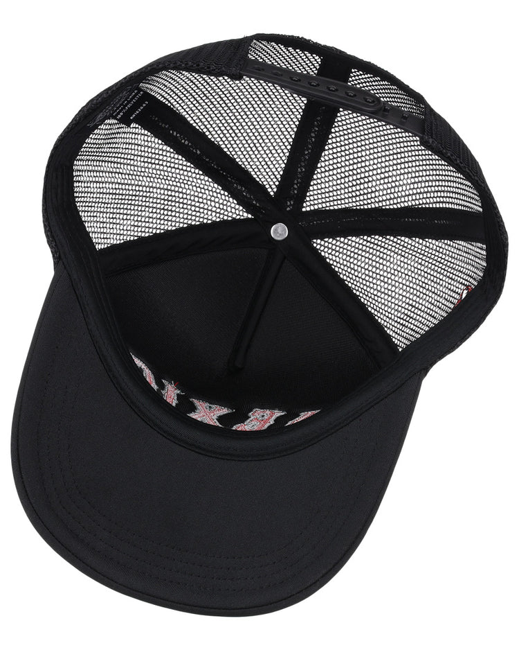 The Mexico Diablos EFF DNA Trucker hat by EFF features a curved bill, mesh back panels, an adjustable strap, and classic vintage-inspired style—shown from above to display the inside details.