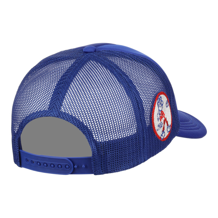 The Reddy Kilowatt EFF DNA Trucker by EFF is a blue mesh trucker hat with an adjustable snapback, shown from the back. It features a partial round logo with a cartoon figure on the side and showcases vintage-inspired style.