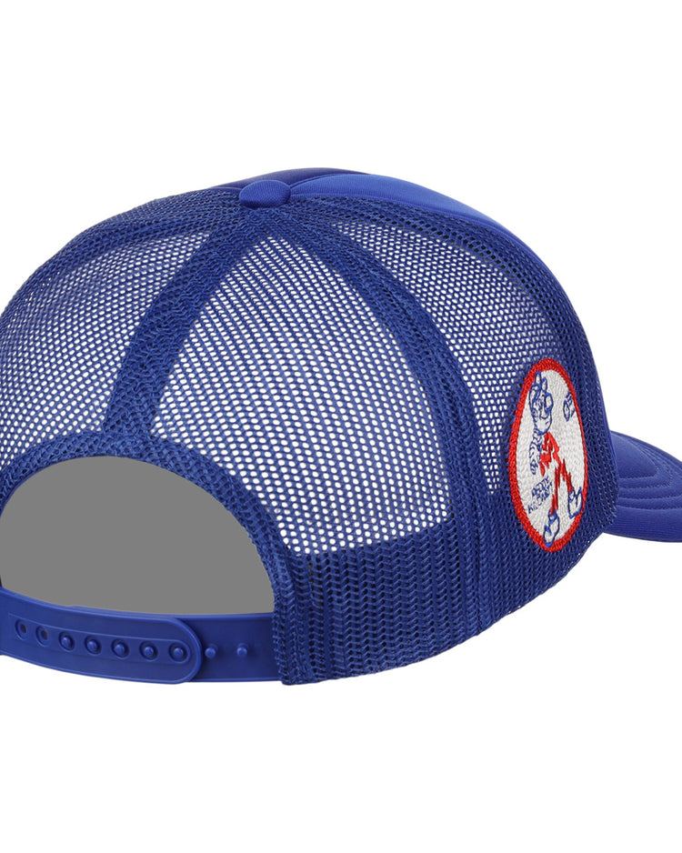 The Reddy Kilowatt EFF DNA Trucker by EFF is a blue mesh trucker hat with an adjustable snapback, shown from the back. It features a partial round logo with a cartoon figure on the side and showcases vintage-inspired style.