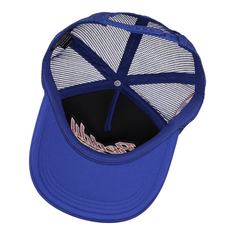 A blue mesh Reddy Kilowatt EFF DNA Trucker hat by EFF is shown from above, revealing the inside, black sweatband, and partially visible Ebbets Field Flannels chain-stitched embroidery on the front panel.