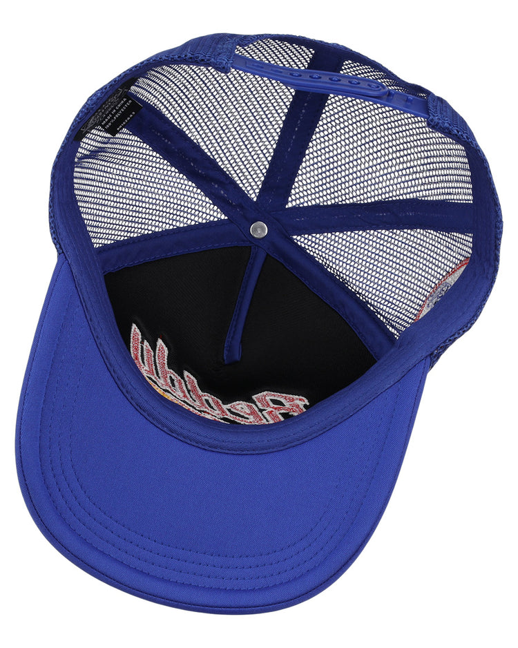 A blue mesh Reddy Kilowatt EFF DNA Trucker hat by EFF is shown from above, revealing the inside, black sweatband, and partially visible Ebbets Field Flannels chain-stitched embroidery on the front panel.