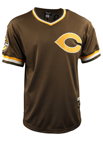 The Cordoba Cafeteros EFF DNA Replica V-Neck Mesh Jersey by EFF features brown short sleeves, yellow and white trim, the large yellow C logo in front, a Cafeteros’ C patch on the left sleeve, and mesh fabric inspired by Mexico’s baseball heritage.