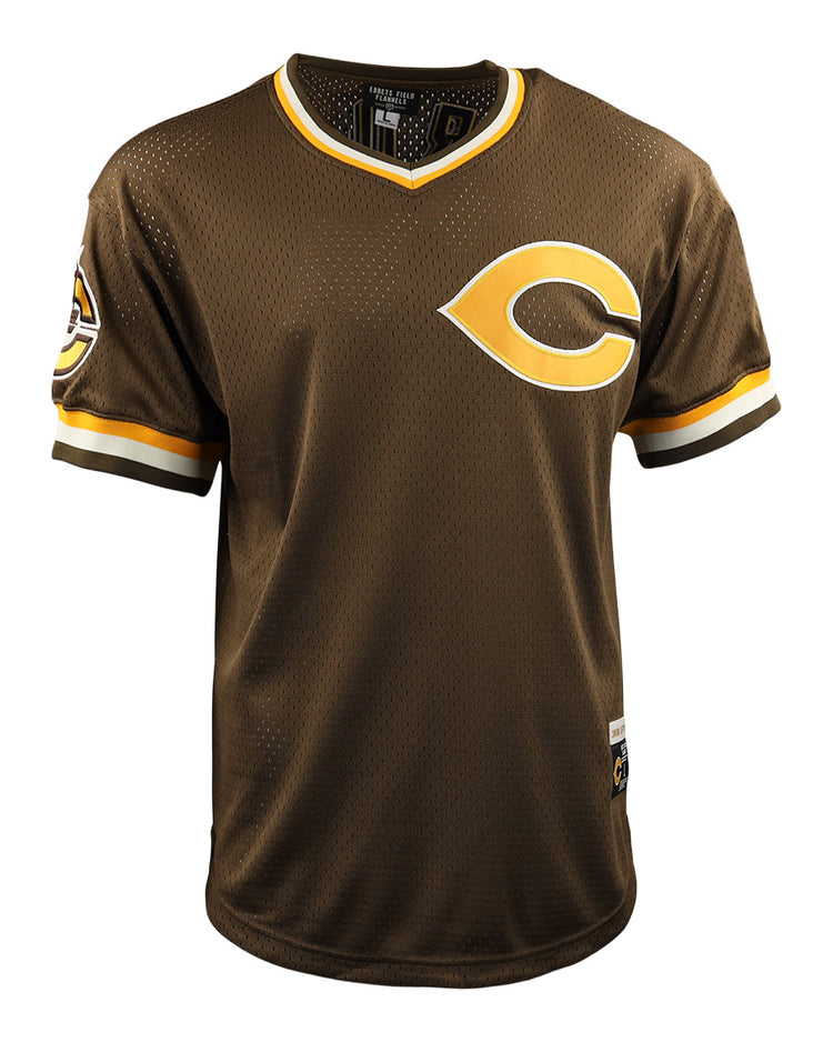 The Cordoba Cafeteros EFF DNA Replica V-Neck Mesh Jersey by EFF features brown short sleeves, yellow and white trim, the large yellow C logo in front, a Cafeteros’ C patch on the left sleeve, and mesh fabric inspired by Mexico’s baseball heritage.