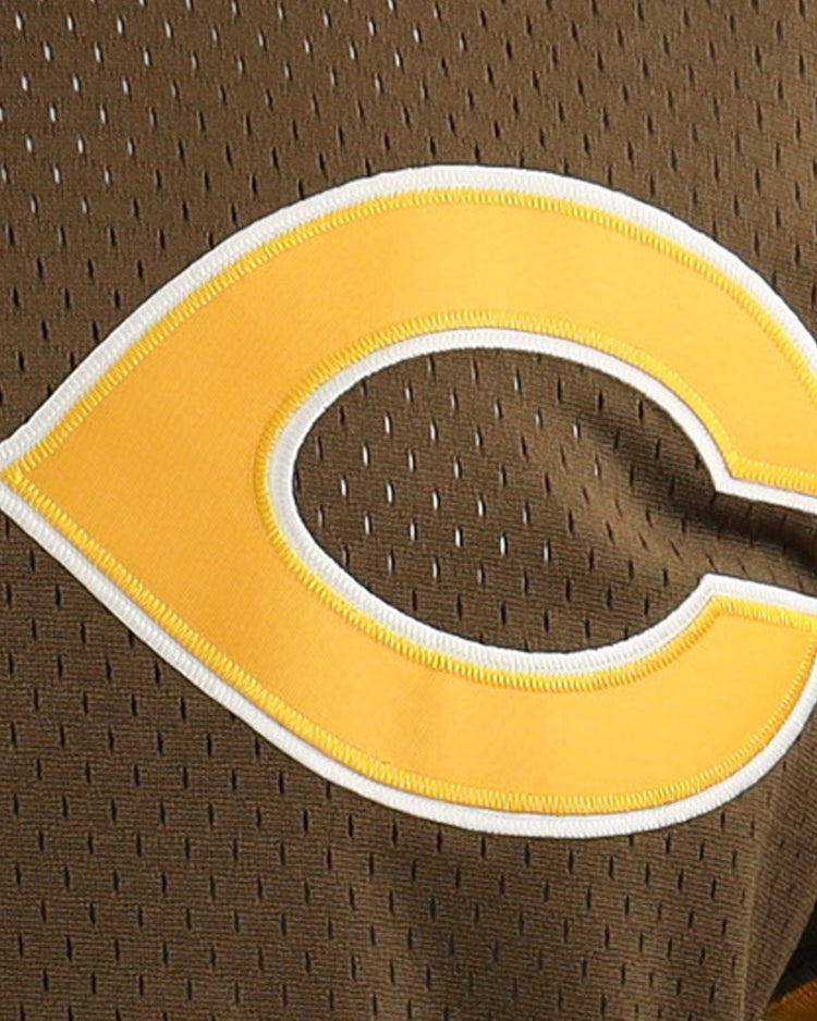 A close-up of the Cordoba Cafeteros EFF DNA Replica V-Neck Mesh Jersey by EFF, featuring brown mesh fabric with a large yellow and white C logo, inspired by classic Mexican baseball team uniforms.