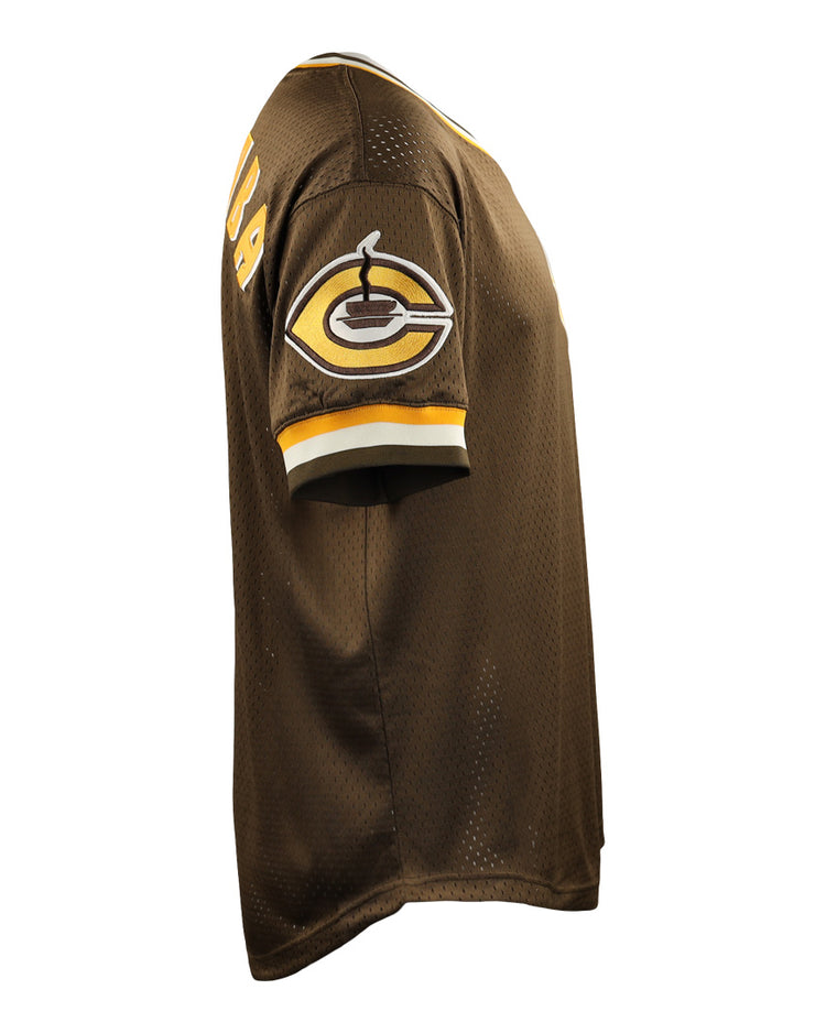 The EFF Cordoba Cafeteros DNA Replica V-Neck Mesh Jersey features brown fabric with yellow and white sleeve trim, a steaming coffee cup patch, and the number 94 on the shoulder, inspired by Mexican professional baseball. Photographed from a side angle.