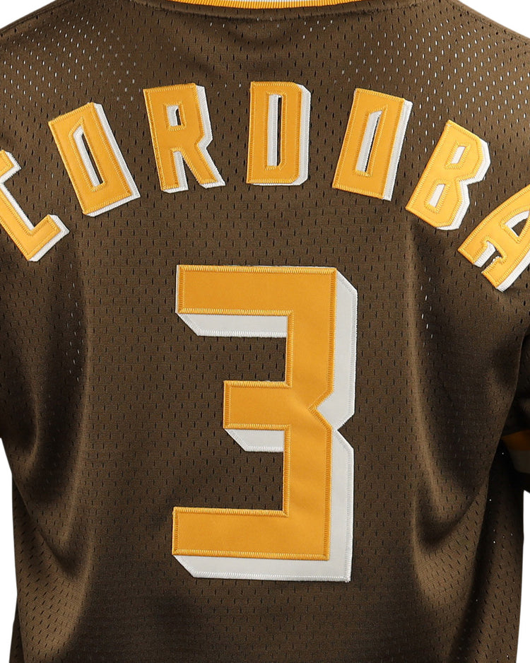 Back of an EFF Cordoba Cafeteros EFF DNA Replica V-Neck Mesh Jersey in brown with yellow and white trim, featuring CORDOBA and number 3—an iconic piece celebrating Mexican professional baseball heritage.