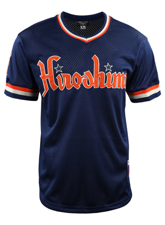 The Hiroshima Carp EFF DNA Replica V-Neck Mesh Jersey by EFF is a navy blue vintage mesh jersey with Hiroshima in white and orange letters, plus orange and white stripes on the sleeves and collar.