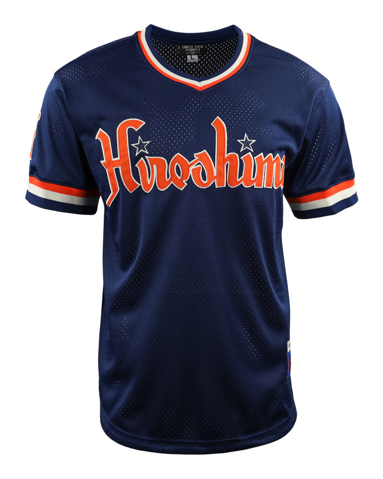 The Hiroshima Carp EFF DNA Replica V-Neck Mesh Jersey by EFF is a navy blue vintage mesh jersey with Hiroshima in white and orange letters, plus orange and white stripes on the sleeves and collar.