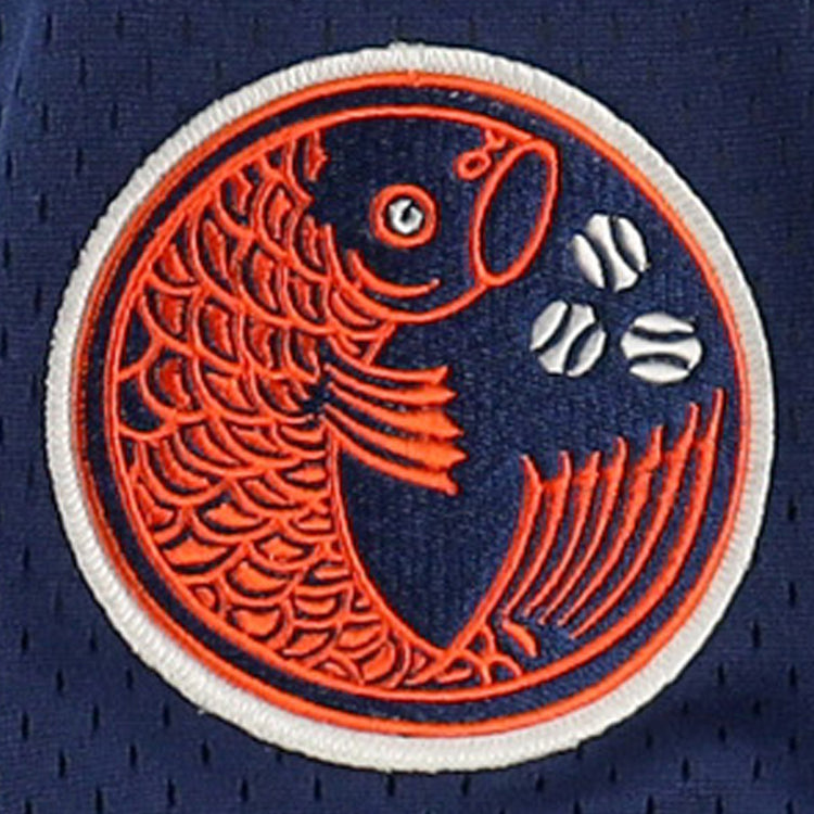 The Hiroshima Carp EFF DNA Replica V-Neck Mesh Jersey by EFF features an orange fish with detailed scales and fins, inspired by the teams logo, on navy blue mesh with white baseball accents—evoking classic Ebbets Field Flannels style.