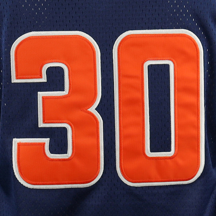 A close-up of the EFF Hiroshima Carp DNA Replica V-Neck Mesh Jersey, navy blue mesh with a large orange number 30 outlined in white.