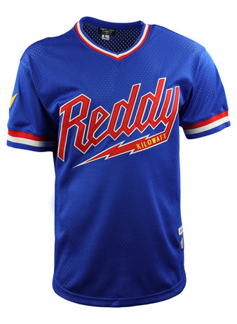 The EFF Reddy Kilowatt EFF DNA Replica V-Neck Mesh Jersey features blue short sleeves, red, white, and blue trim, Reddy Kilowatt in stylized letters across the chest, and a lightning bolt graphic beneath—celebrating electric power.