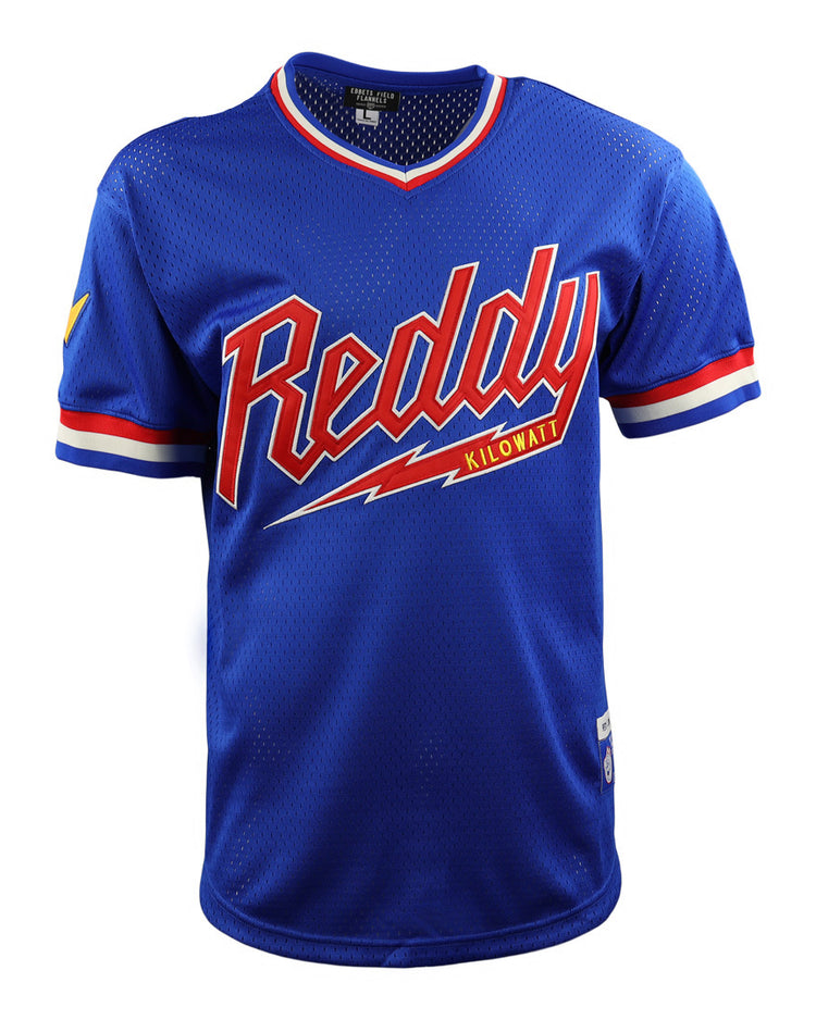 The EFF Reddy Kilowatt EFF DNA Replica V-Neck Mesh Jersey features blue short sleeves, red, white, and blue trim, Reddy Kilowatt in stylized letters across the chest, and a lightning bolt graphic beneath—celebrating electric power.