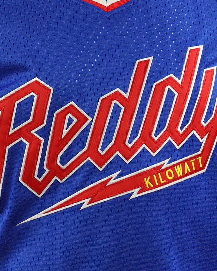 The EFF Reddy Kilowatt EFF DNA Replica V-Neck Mesh Jersey is a blue sports jersey with Reddy Kilowatt in bold red and white script and Kilowatt in yellow on a red lightning bolt—ideal for electric power fans.