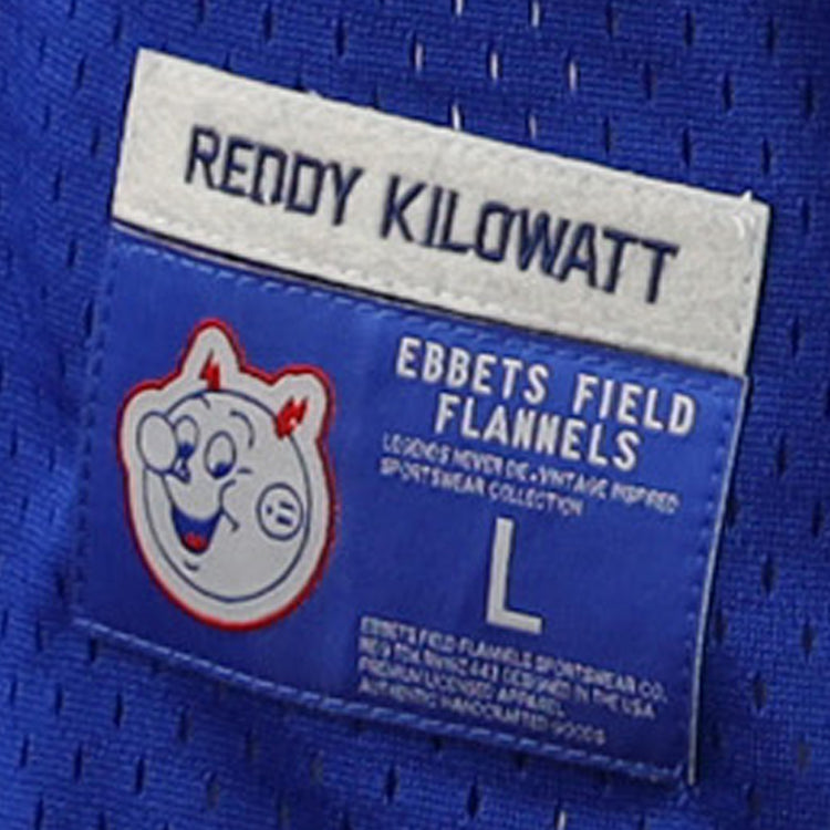 A blue EFF label on the Reddy Kilowatt EFF DNA Replica V-Neck Mesh Jersey features the smiling Reddy Kilowatt cartoon, REDDY KILOWATT text, EBBETS FIELD FLANNELS branding, electric power motif, and size L.