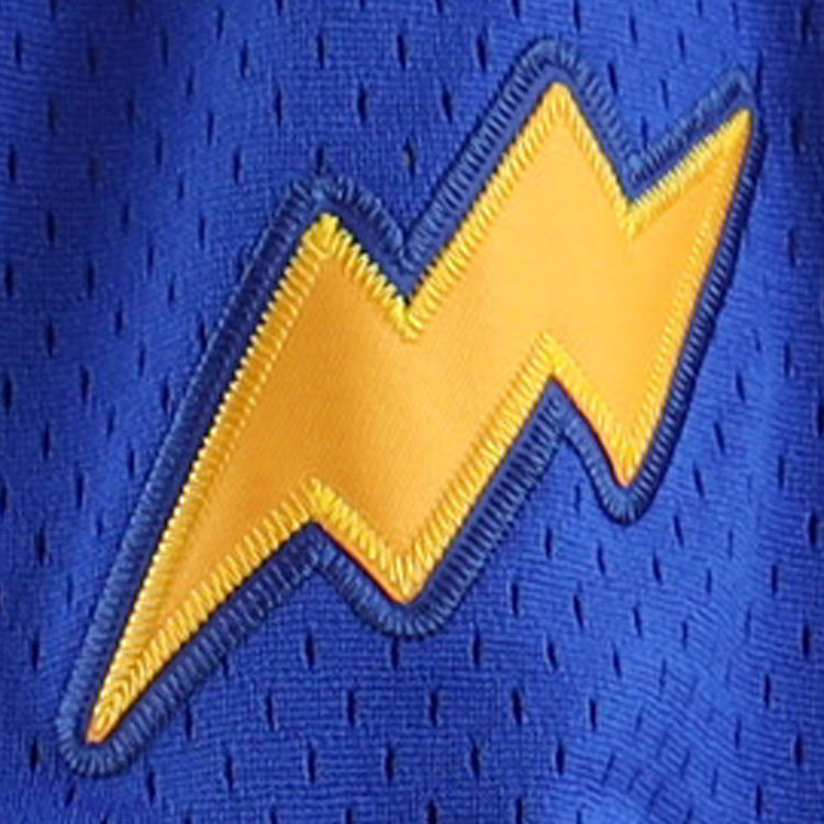 The EFF Reddy Kilowatt EFF DNA Replica V-Neck Mesh Jersey features a yellow lightning bolt outlined in blue on blue mesh, symbolizing electric power and energy.
