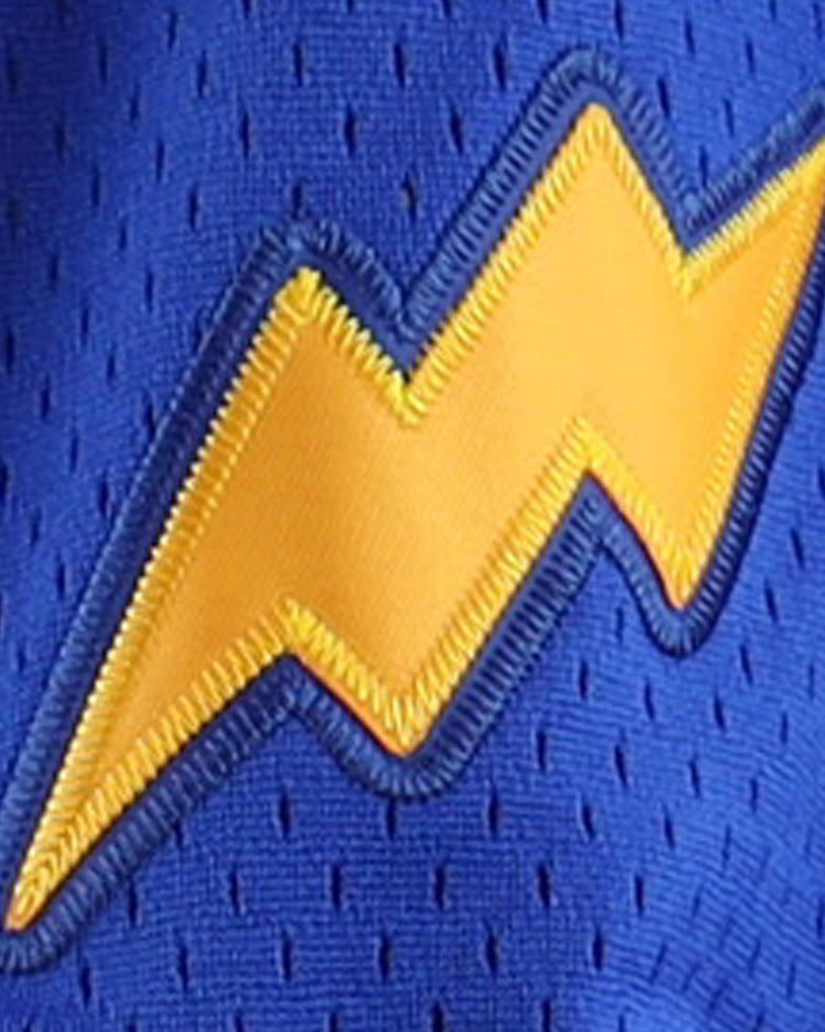 The EFF Reddy Kilowatt EFF DNA Replica V-Neck Mesh Jersey features a yellow lightning bolt outlined in blue on blue mesh, symbolizing electric power and energy.