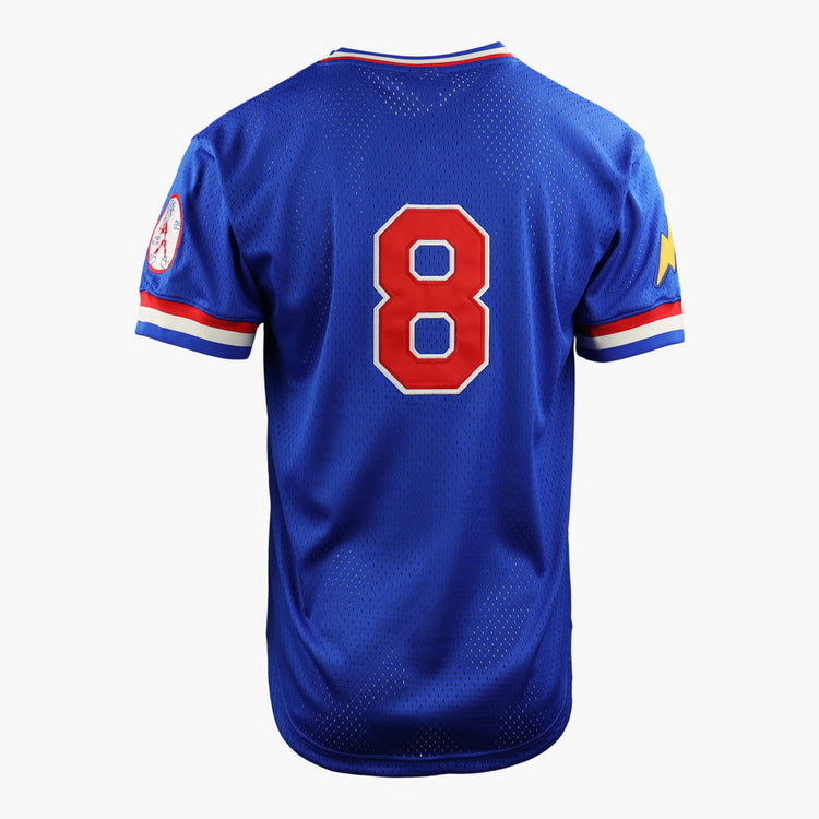 The EFF Reddy Kilowatt EFF DNA Replica V-Neck Mesh Jersey is blue with red and white trim, a bold red number 8 on the back, a right sleeve patch, and a yellow Reddy Kilowatt logo on the left sleeve—set against a plain white background.