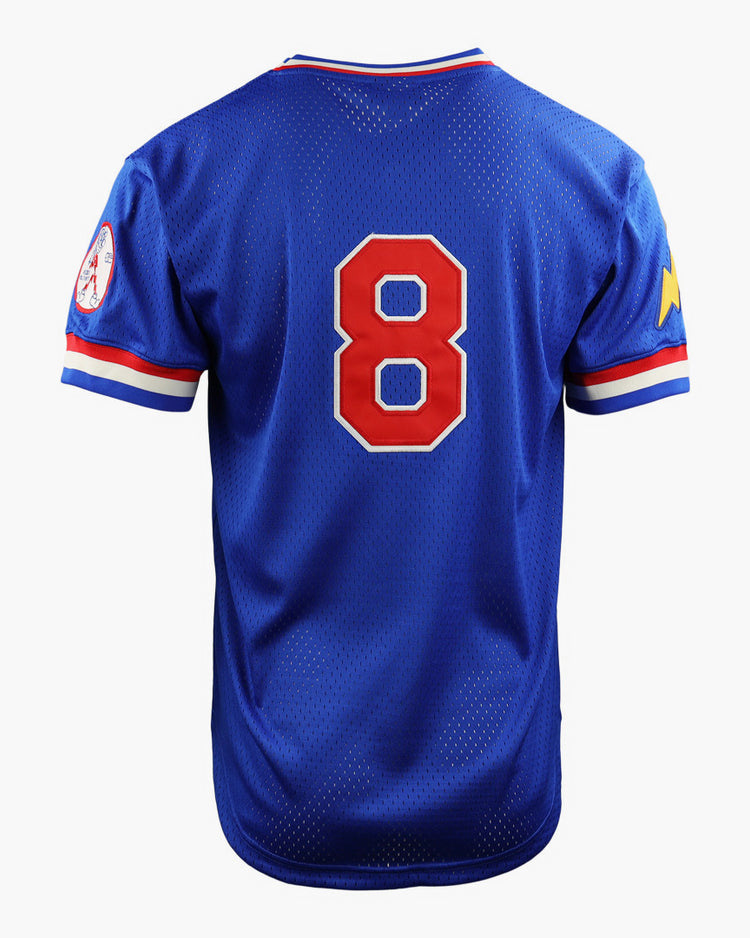 The EFF Reddy Kilowatt EFF DNA Replica V-Neck Mesh Jersey is blue with red and white trim, a bold red number 8 on the back, a right sleeve patch, and a yellow Reddy Kilowatt logo on the left sleeve—set against a plain white background.