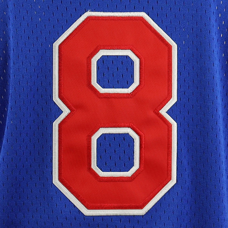 The EFF Reddy Kilowatt EFF DNA Replica V-Neck Mesh Jersey features a large white-outlined red number 8 on blue mesh, inspired by the iconic Reddy Kilowatt mascot promoting electrical safety.