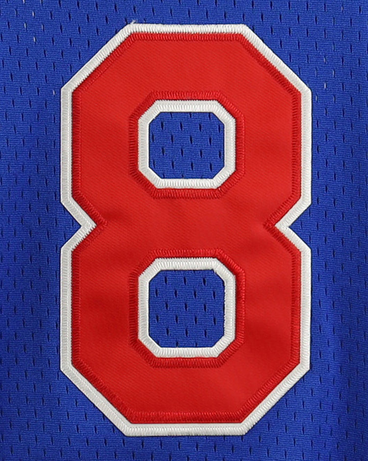 The EFF Reddy Kilowatt EFF DNA Replica V-Neck Mesh Jersey features a large white-outlined red number 8 on blue mesh, inspired by the iconic Reddy Kilowatt mascot promoting electrical safety.