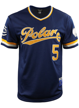 The EFF Cerveceria Polar DNA Replica V-Neck Mesh Jersey is navy blue with gold and white sleeve and collar stripes, Polar script and number 5 on the chest, plus polar bear and wave patch details on the sleeves.
