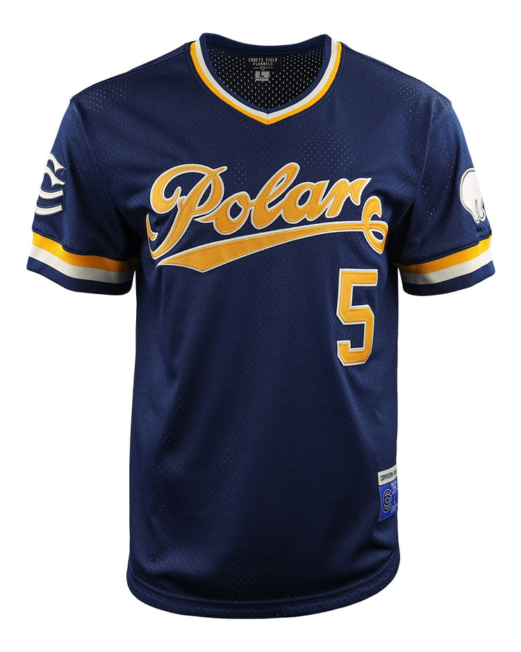 The EFF Cerveceria Polar DNA Replica V-Neck Mesh Jersey is navy blue with gold and white sleeve and collar stripes, Polar script and number 5 on the chest, plus polar bear and wave patch details on the sleeves.