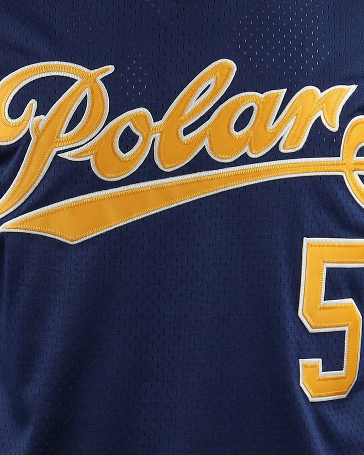 The EFF Cerveceria Polar DNA Replica V-Neck Mesh Jersey features a navy blue design with “Polar” in yellow script across the chest and the number 5 in yellow on the lower right, inspired by Cuban League amateur baseball teams.