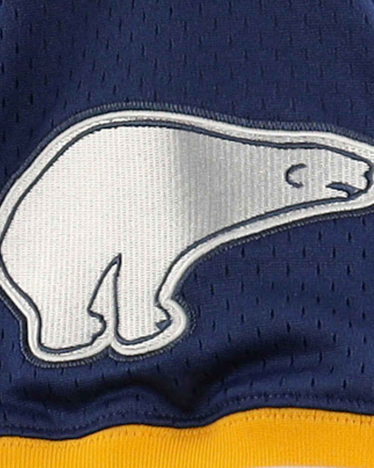 The EFF Cerveceria Polar EFF DNA Replica V-Neck Mesh Jersey features a white, minimalist polar bear logo outlined in gray on dark blue perforated fabric with a yellow stripe, capturing classic Cuban League amateur baseball style.