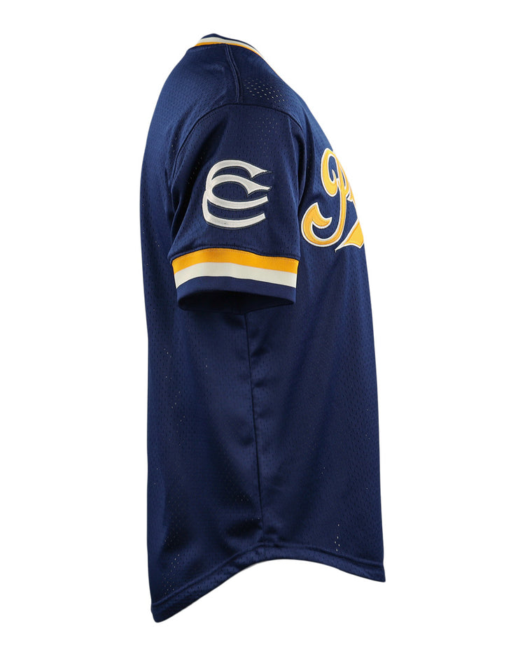 The Cerveceria Polar EFF DNA Replica V-Neck Mesh Jersey by EFF is a navy baseball jersey with yellow and white sleeve trim, a white emblem, and yellow-white script on the chest—capturing classic Cuban League style.
