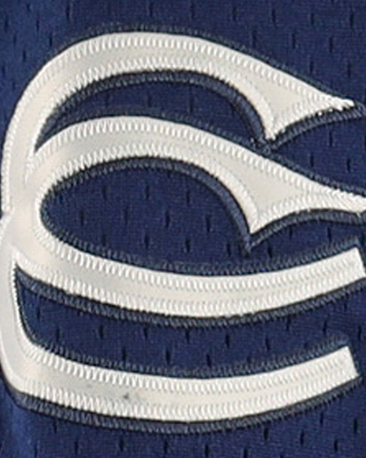 The Cerveceria Polar EFF DNA Replica V-Neck Mesh Jersey by EFF features a white, stylized “E” logo with three curved lines embroidered on dark blue mesh, inspired by classic Cuban League amateur baseball uniforms.