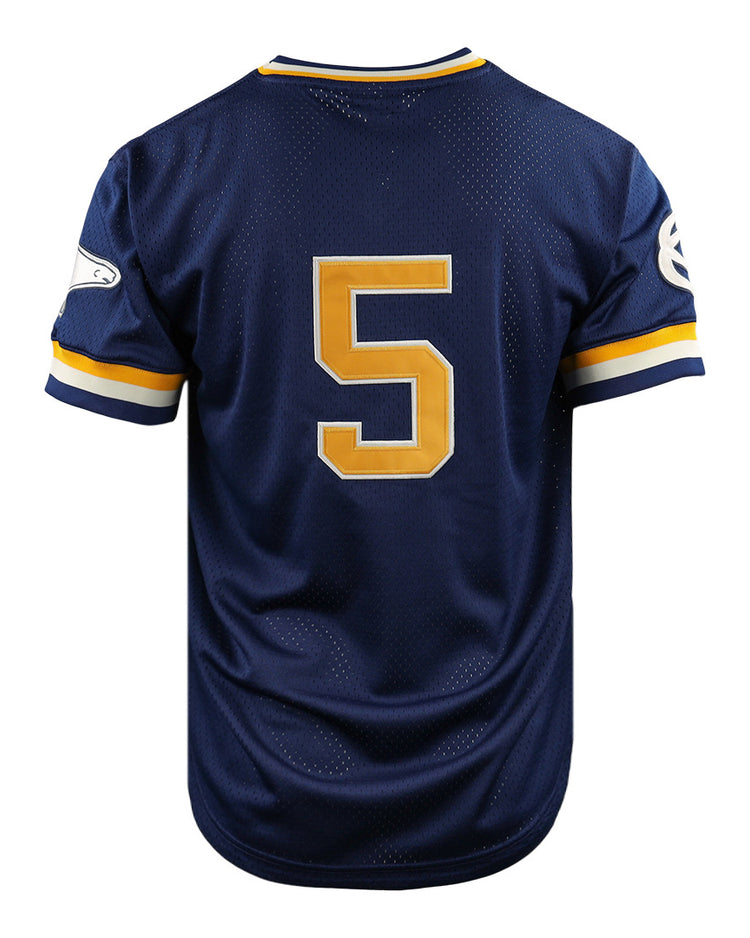 The Cerveceria Polar EFF DNA Replica V-Neck Mesh Jersey by EFF is a navy blue sports jersey with yellow and white trim, inspired by Cuban League amateur baseball, featuring a large yellow number 5 on the back and a white sleeve patch, shown on a white background.