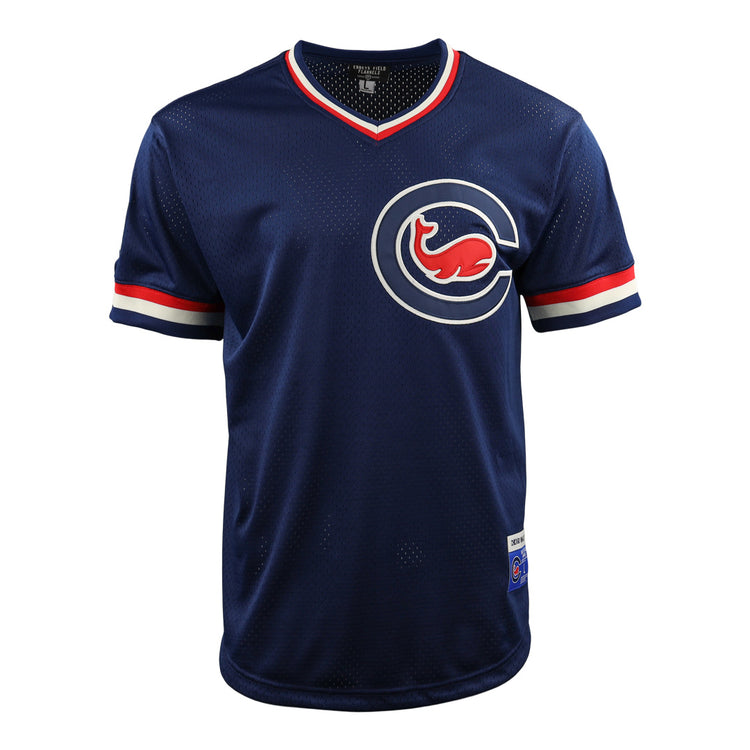 The EFF Chicago Whales DNA Replica V-Neck Mesh Jersey features navy mesh, red, white, and blue striped sleeves, and a red whale inside a white and blue C emblem—echoing classic Ebbets Field Flannels style.