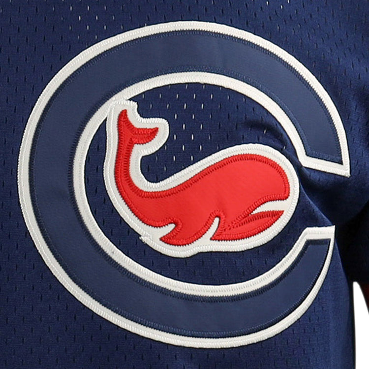 The Chicago Whales EFF DNA Replica V-Neck Mesh Jersey by EFF features navy mesh and a large white and blue C with a red whale—mirroring the vintage Federal League style seen in classic Chicago team logos.