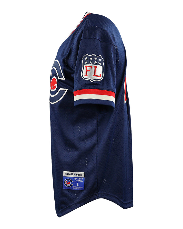 Side view of the EFF Chicago Whales DNA Replica V-Neck Mesh Jersey, featuring Federal League team logo on the sleeve, red, white, and blue vintage-inspired trim, an FL patch with stars, and a label above the hem.