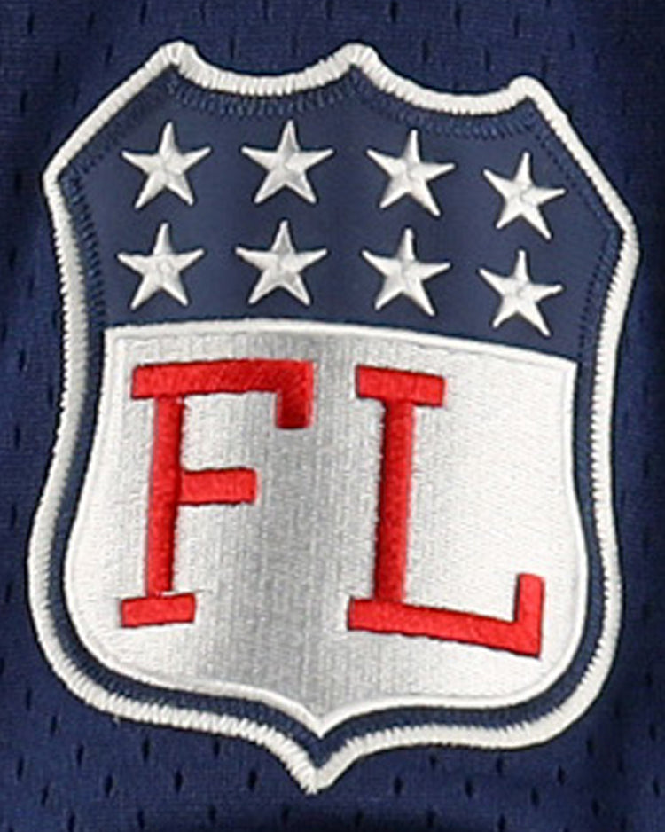 The Chicago Whales EFF DNA Replica V-Neck Mesh Jersey by EFF features a football-shaped shield with a blue top and eight white stars, plus FL in red on white, all on dark blue mesh inspired by vintage Federal League jerseys.