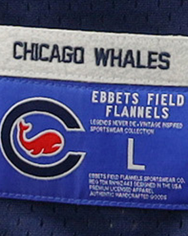 The Chicago Whales EFF DNA Replica V-Neck Mesh Jersey by EFF features a fabric label with CHICAGO WHALES, a blue C and red whale, plus Ebbets Field Flannels—ideal for fans of Federal League history and vintage style.