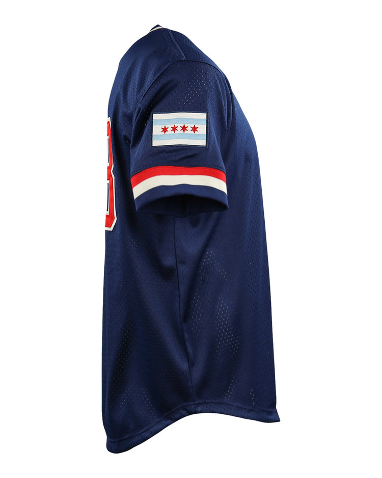 The EFF Chicago Whales DNA Replica V-Neck Mesh Jersey features navy blue mesh, vintage-inspired details, a Chicago flag sleeve patch with four red stars and blue stripes, plus classic red-and-white trim.