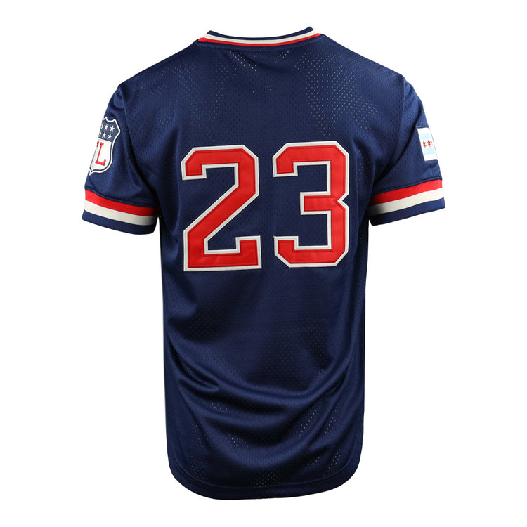 The EFF Chicago Whales DNA Replica V-Neck Mesh Jersey features navy blue mesh, red and white trim, large red and white number 23 on the back, sleeve patches, and vintage Ebbets Field Flannels-inspired design, shown on a plain white background.