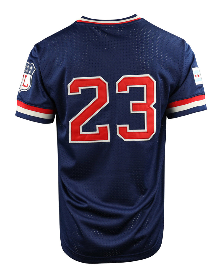 The EFF Chicago Whales DNA Replica V-Neck Mesh Jersey features navy blue mesh, red and white trim, large red and white number 23 on the back, sleeve patches, and vintage Ebbets Field Flannels-inspired design, shown on a plain white background.