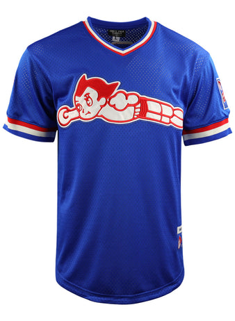 The EFF Sankei Atoms DNA Replica V-Neck Mesh Jersey is a blue Japanese Central League-inspired baseball jersey with a cartoon character on the chest, red and white sleeve and collar accents, and a patch logo on the left sleeve.