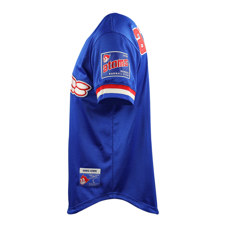 Side view of the EFF Sankei Atoms EFF DNA Replica V-Neck Mesh Jersey in blue with red and white accents, atoms on the front, a baseball club logo on the sleeve, and a size L label near the hem.