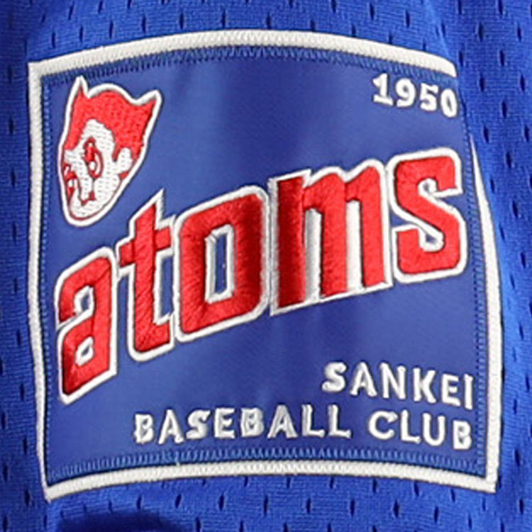 The EFF Sankei Atoms EFF DNA Replica V-Neck Mesh Jersey features blue mesh fabric, white and red “1950 atoms SANKEI BASEBALL CLUB” embroidery, and a small cartoon red devil head nodding to the Japanese Central League.