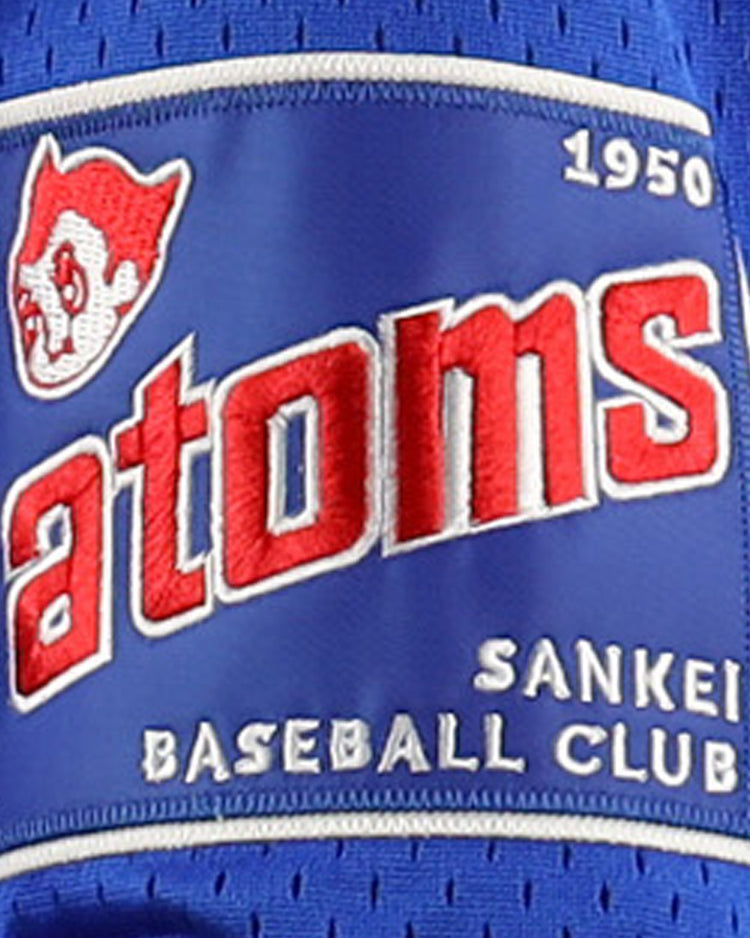 The EFF Sankei Atoms EFF DNA Replica V-Neck Mesh Jersey features blue mesh fabric, white and red “1950 atoms SANKEI BASEBALL CLUB” embroidery, and a small cartoon red devil head nodding to the Japanese Central League.